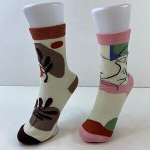 Womens Crew Socks Set 2 Abstract Art Leaves Face Cream Brown Pink Green Black